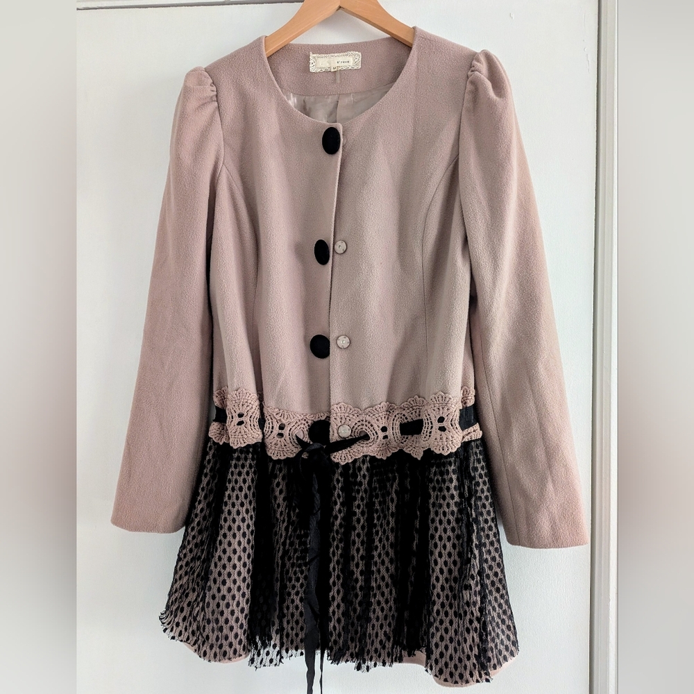 A'reve Mauve Light Pea Coat with Black Buttons and Lace Detail - M